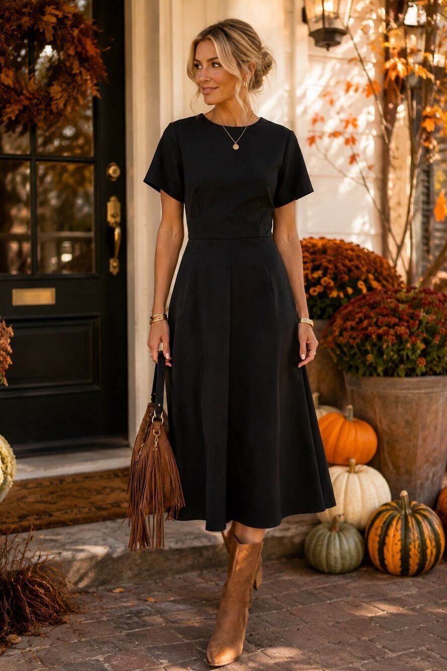 Ann Taylor Black Double Knit Short Sleeve Midi Flare Dress Size 4T NWT